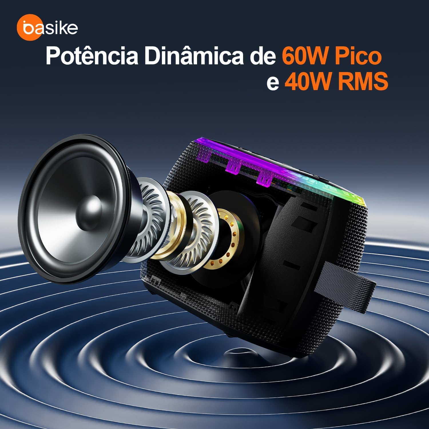 Caixa de som Bazik com potência dinâmica 60W pico e 40W RMS, imagem detalhada do alto-falante