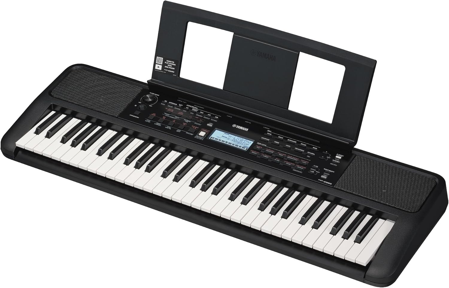 Teclado Yamaha PSR-E383 preto com 61 teclas sensitivas e painel de controle.