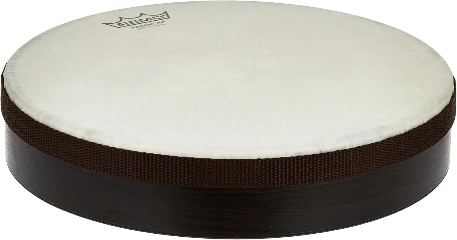 Close-up de tambor Remo HD-8510-00 com cabeça Fiberskyn e moldura de madeira escura