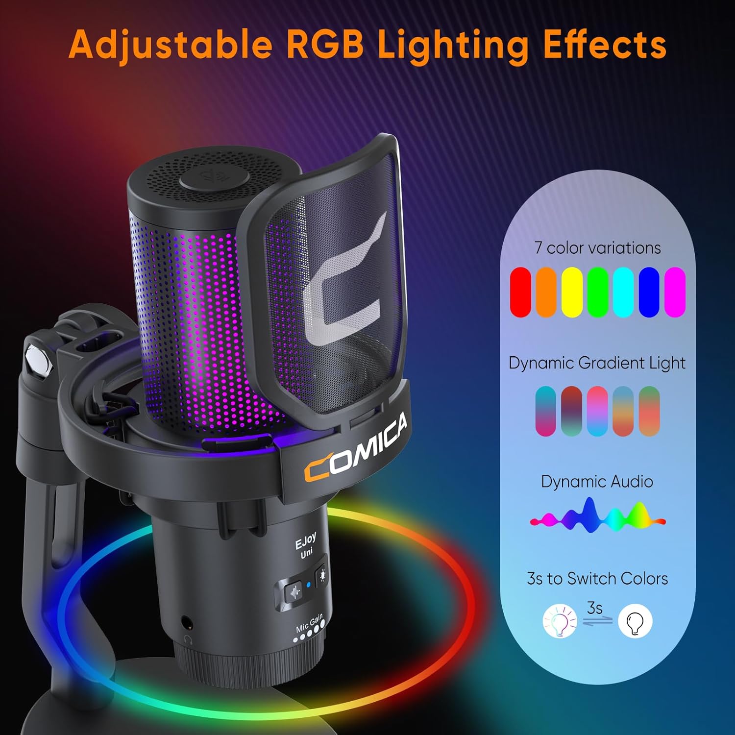 Microfone COMICA EJoy Uni com efeitos de iluminação RGB ajustáveis e 7 variações de cor.