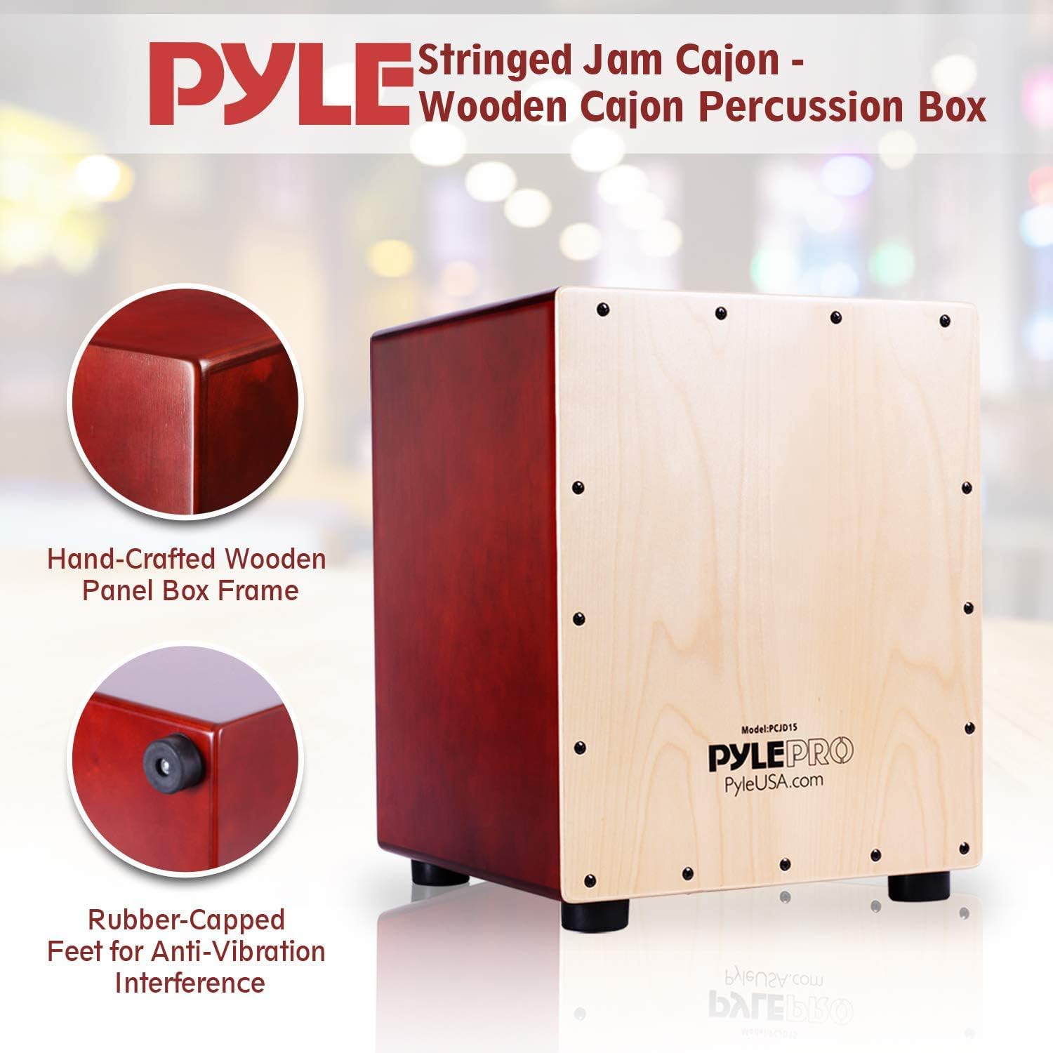 Cajon Pyle CJD15 madeira vermelha artesanal com pés de borracha antivibração