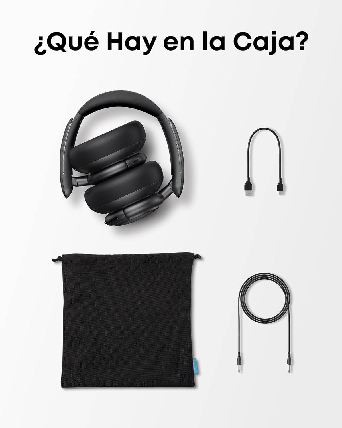 Fone Soundcore Q30 preto dobrado, cabos USB e auxiliar, bolsa, mostrando acessórios inclusos em embalagem.