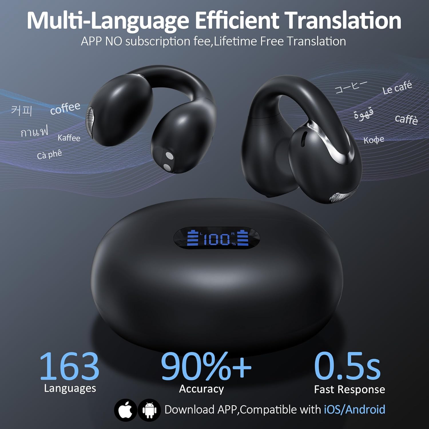 Fones de ouvido IAMJOY com tradução multilíngue eficiente, 163 idiomas, alta precisão e app para iOS e Android.