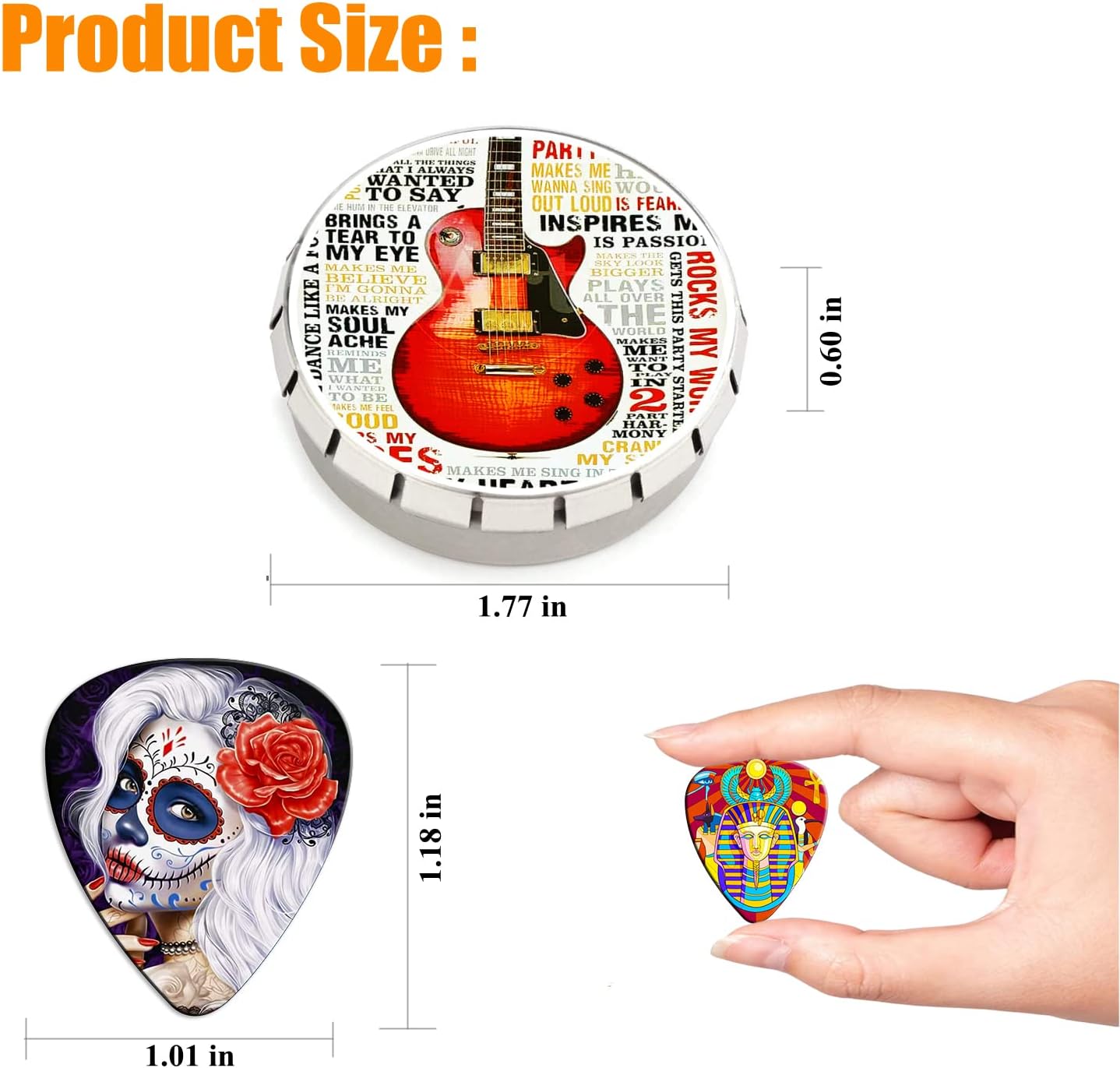 Tamanhos do porta-palhetas e das palhetas coloridas para guitarra com designs artísticos, demonstrados com mão humana.