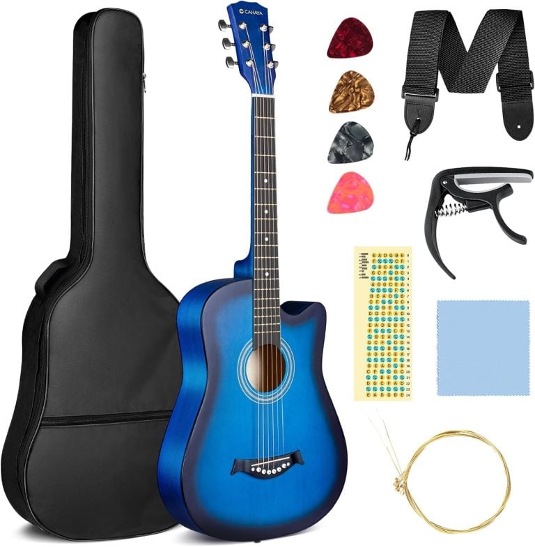 Guitarra acústica cutaway CAHAYA azul fosco com acessórios para iniciantes incluindo capa, alça, palhetas, capotraste, corda, flanela e adesivo.