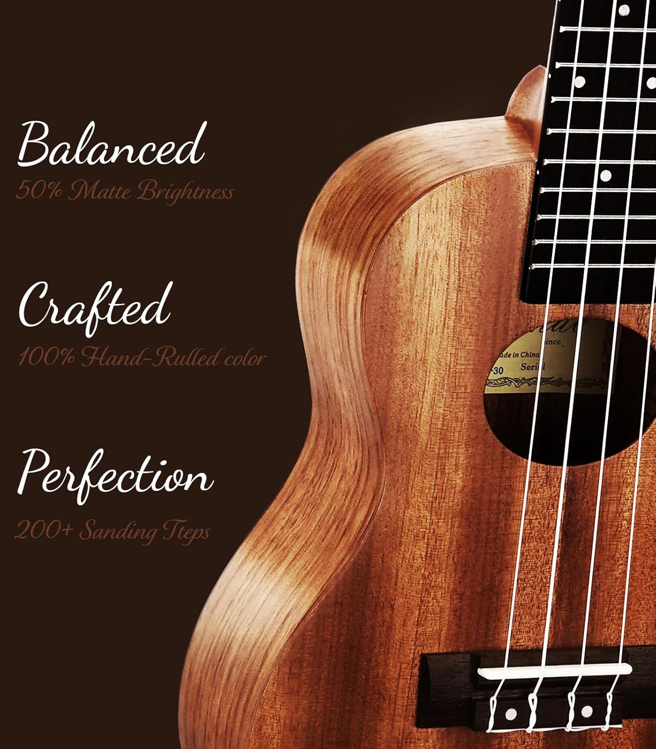 Close no corpo de mogno com acabamento fosco do ukulele Ulumac mostrando detalhes e destaque no processo artesanal