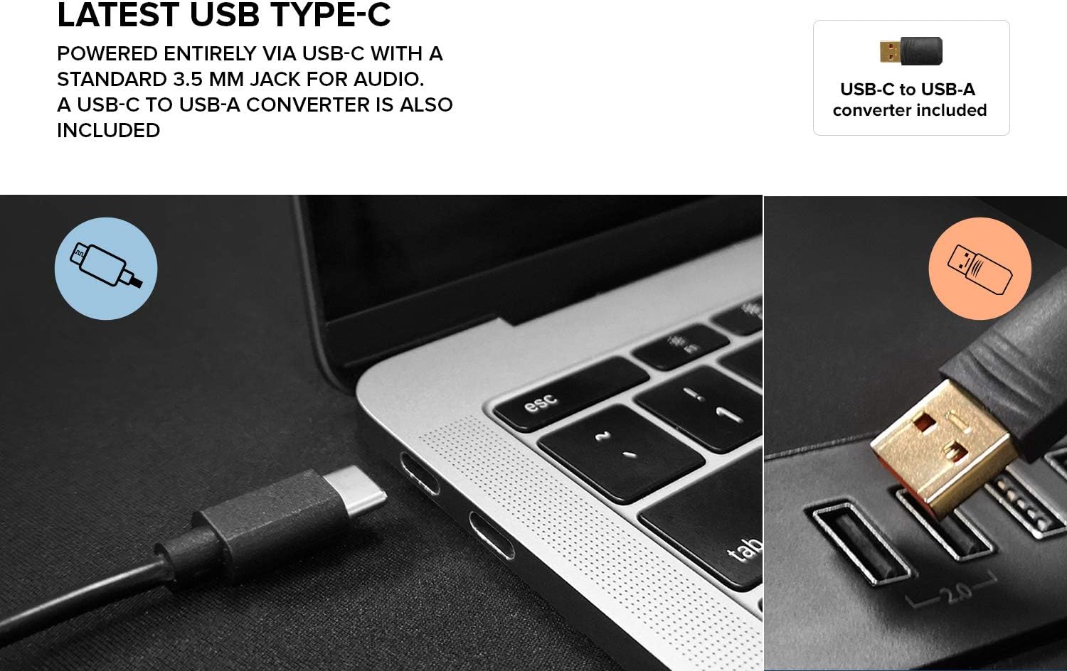 Detalhes da conexão USB Tipo C e conversor USB-C para USB-A incluído para Creative Labs Pebble V2