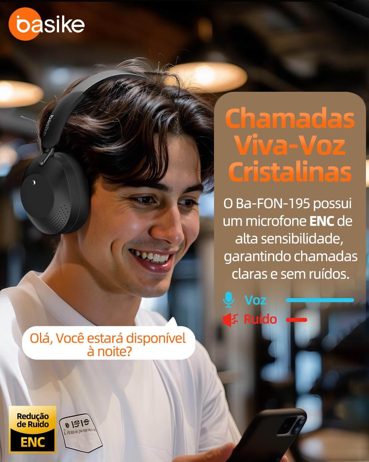 Homem usando headphone Basike Ba-FON-195 com microfone ENC para chamadas claras e sem ruídos