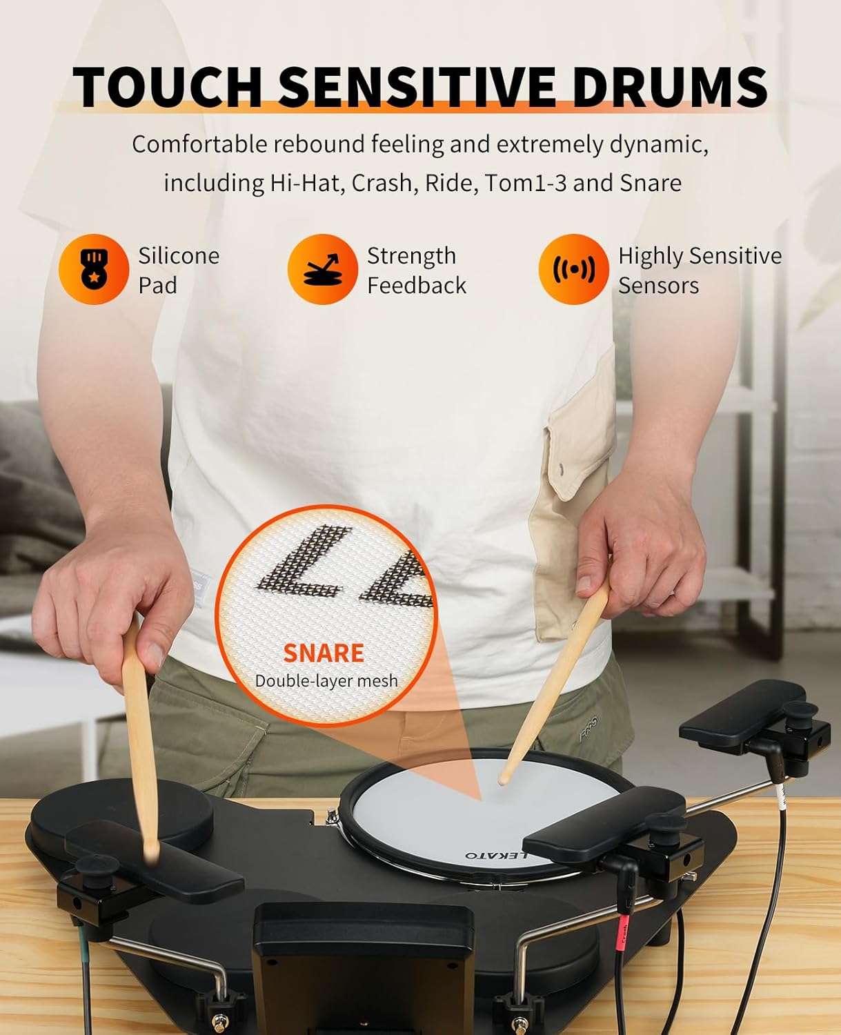 Bateria eletrônica LEKATO com pads sensíveis ao toque e descrição de características técnicas de sensores e materiais