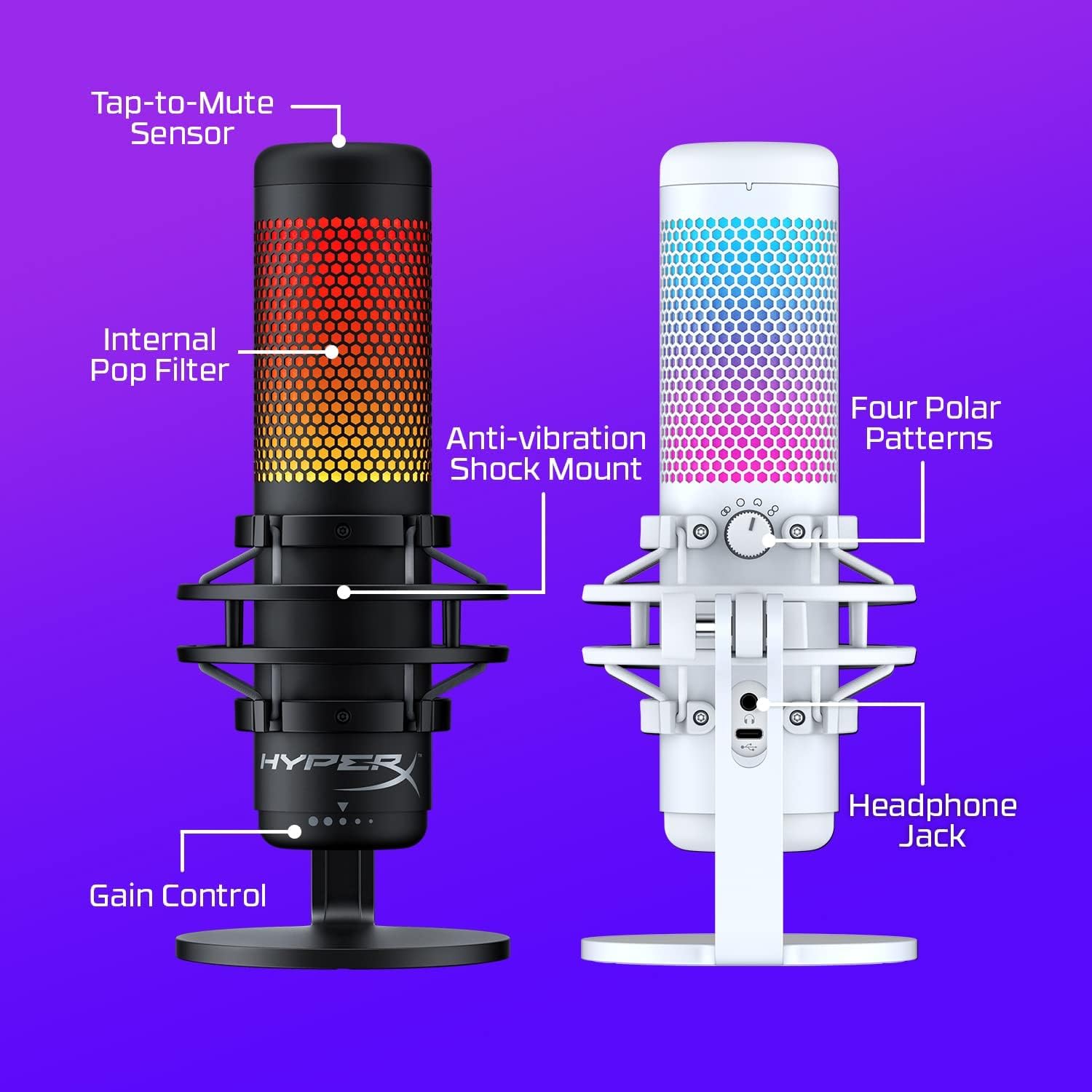 Microfones HyperX QuadCast S preto e branco com destaque para recursos como sensor mute, filtro pop e suporte anti-vibração.