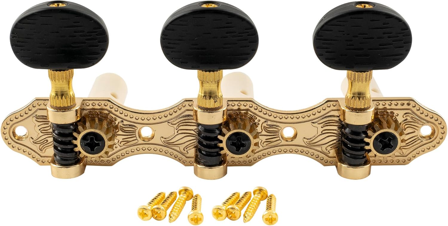 Conjunto de tarraxas douradas Musiclily Pro para violão clássico com botões pretos e parafusos dourados