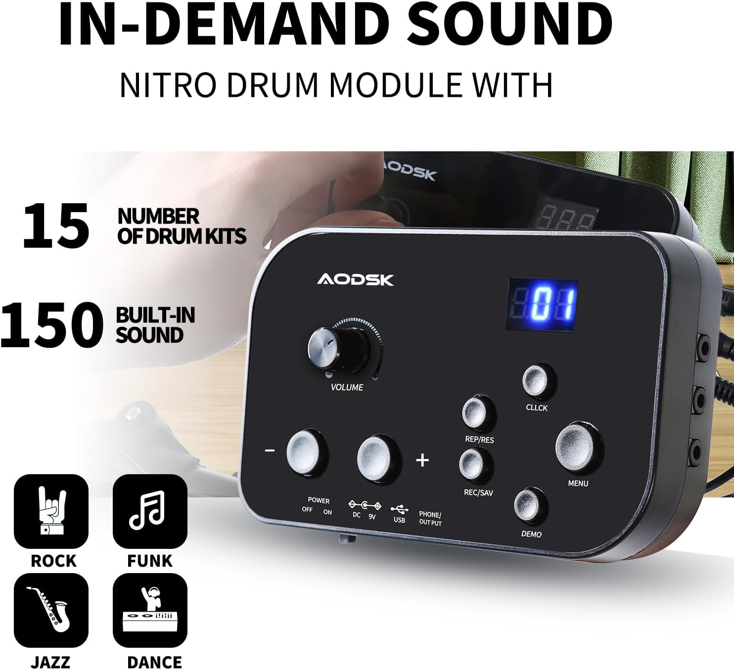 Módulo digital Nitro Drum da bateria eletrônica AODSK UAED-400 com controle e display LED