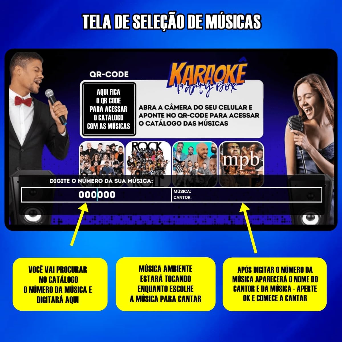 Tela de seleção de músicas do Karaoke Party Box com instruções e imagens de pessoas cantando.