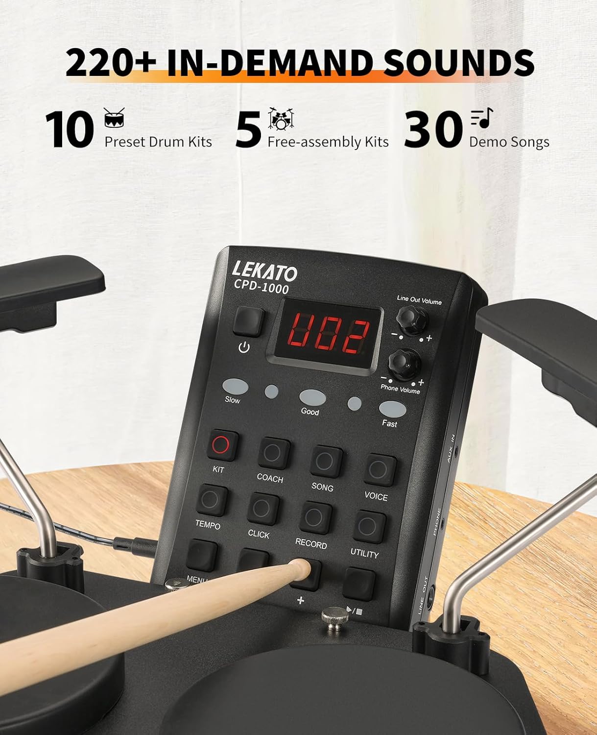 Painel controlador LEKATO CPD-1000 com display LED e texto sobre sons disponíveis e kits de bateria