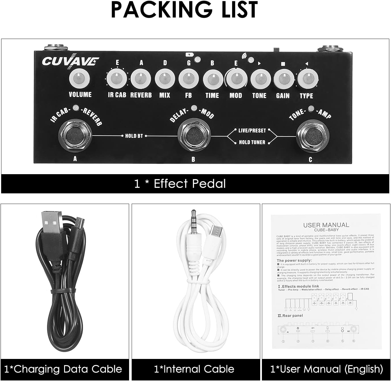 Lista de embalagem do pedal Mibee CUBE BABY com pedal, cabo de carregamento, cabo interno e manual do usuário