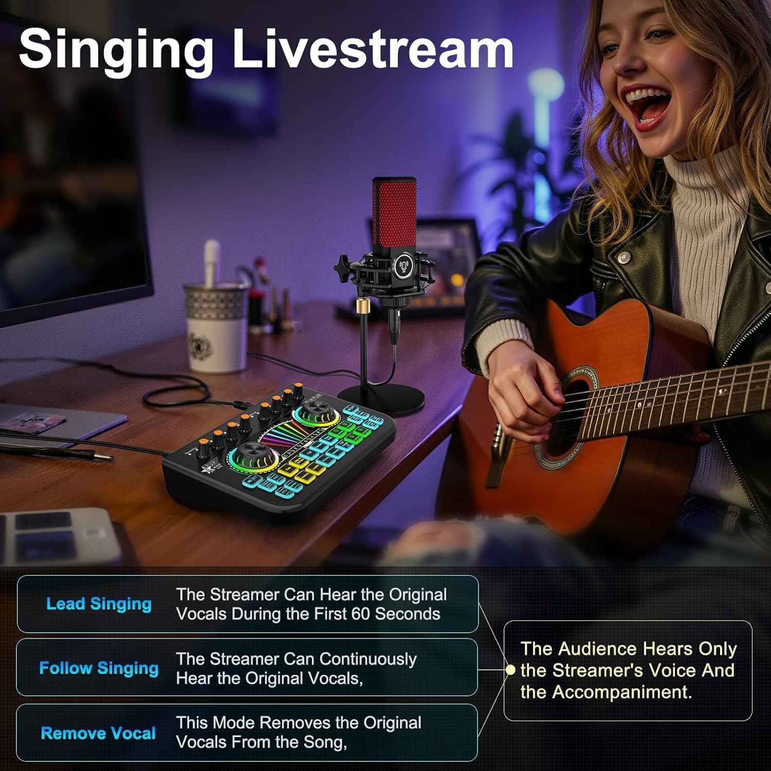 Mixer Beyoursun para live streaming de canto com funções de controle de vocais Lead, Follow e Remove Vocal