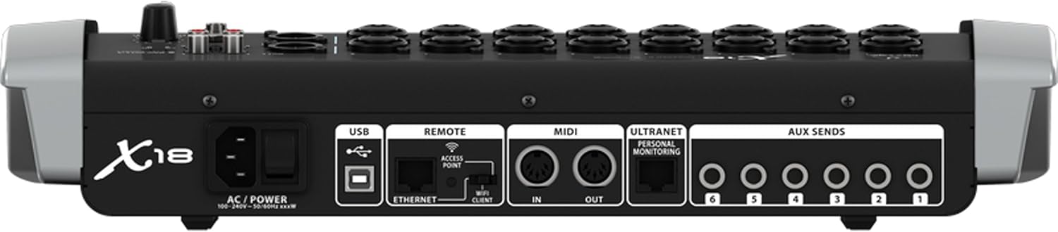 Conexões traseiras da mesa de som digital Behringer X AIR X18 incluindo USB, Ethernet, MIDI, ULTRANET e saídas auxiliares