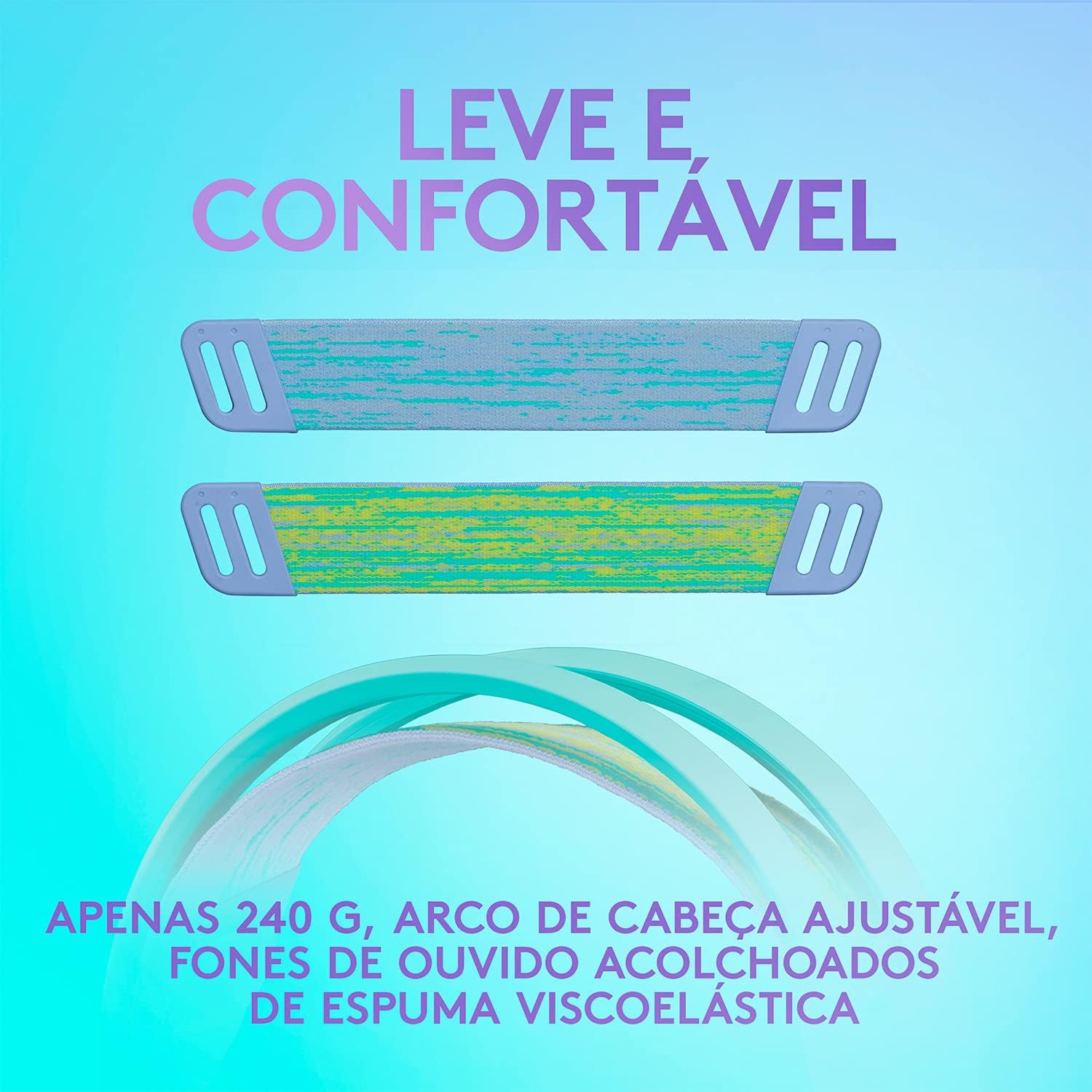 Texto destacando leveza e conforto do headset Logitech G335 com espuma viscoelástica