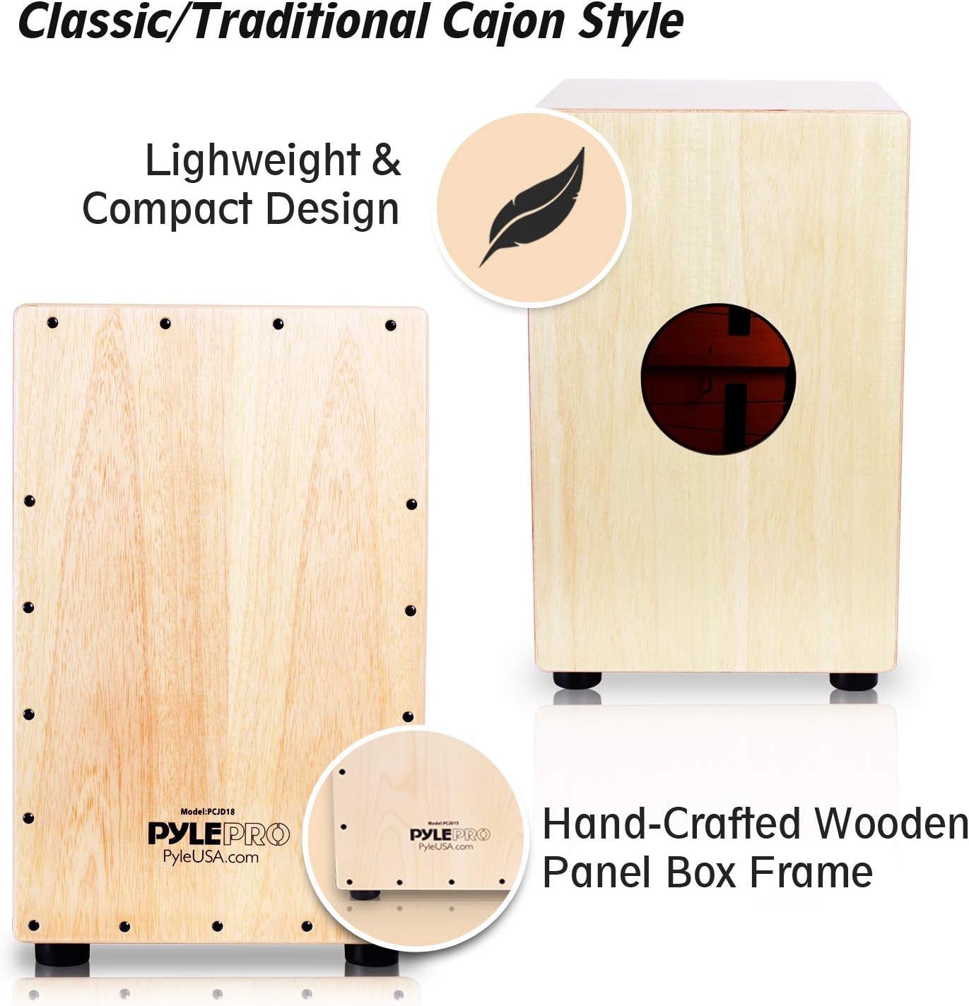 Cajon Pyle String PCJD18 com design clássico, leve e compacto, estrutura em painéis de madeira artesanal.