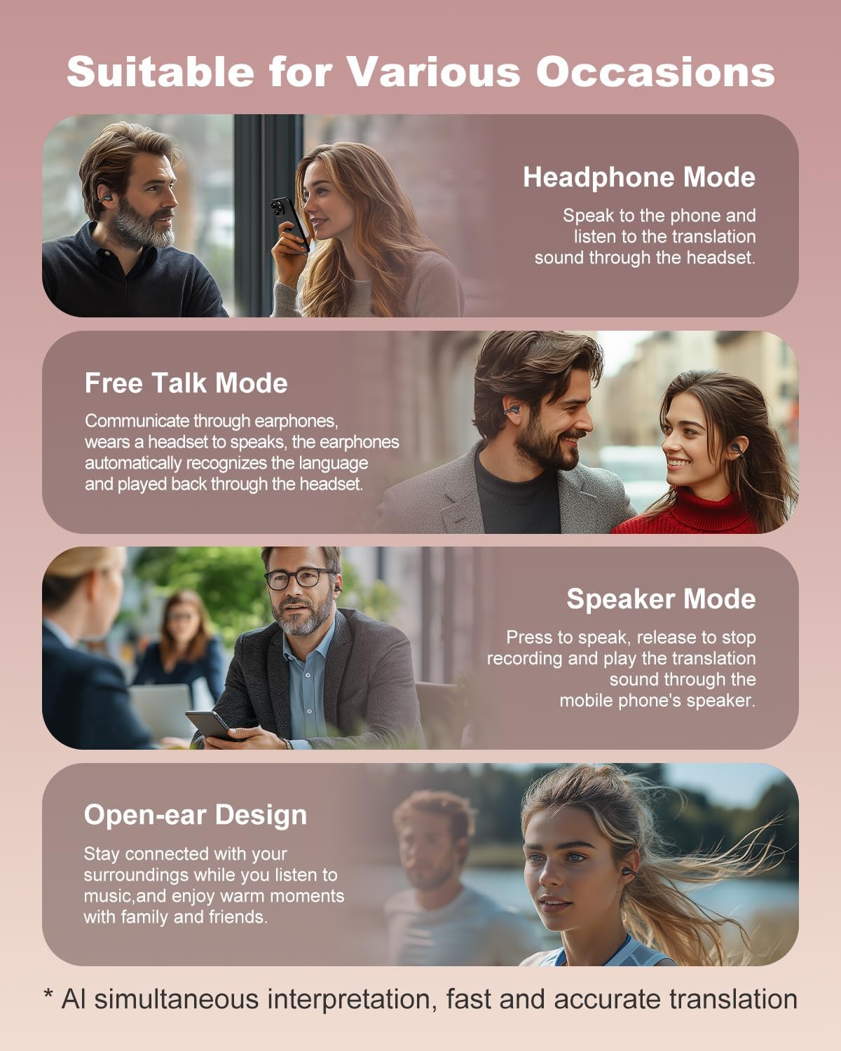 Fones AMINY com modos variados: fone, fala livre, alto-falante e design aberto para múltiplas ocasiões e tradução simultânea por IA.