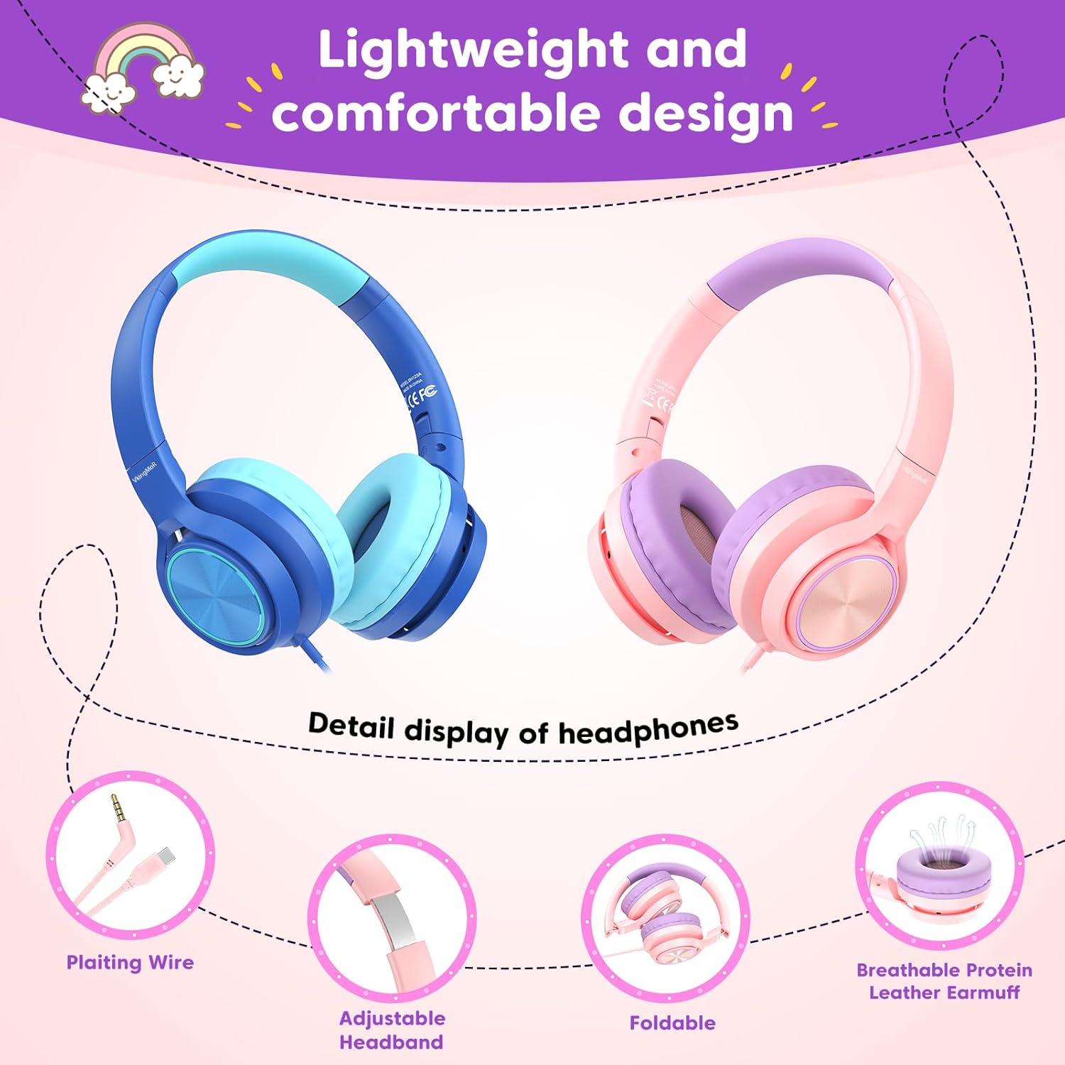 Fones de ouvido infantis VkingMoR azul e rosa com design leve, dobrável e confortável