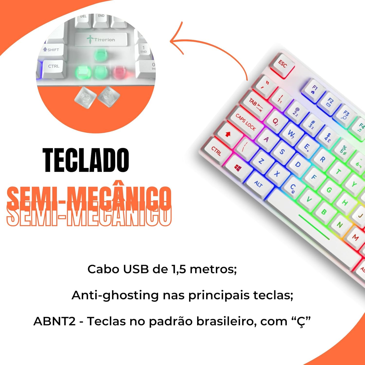 Teclado gamer Titorion TE001 semi-mecânico com switches destacados, cabo USB 1,5 metros, anti-ghosting e layout ABNT2.