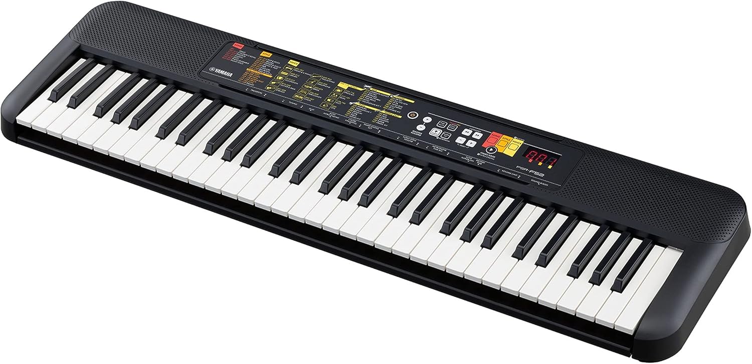 Teclado Yamaha PSR-F52 com 61 teclas e painel de controle colorido.