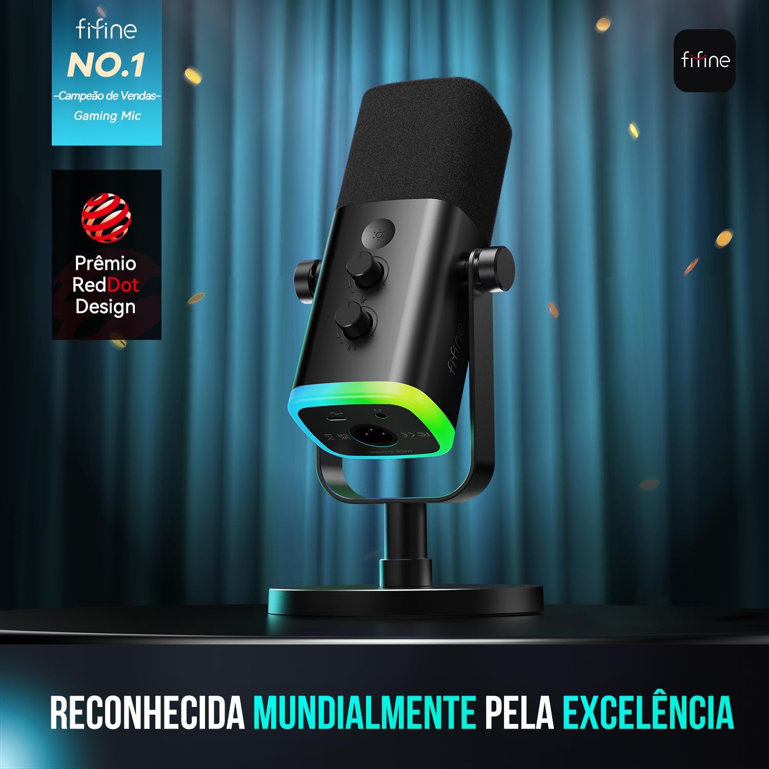 Microfone dinâmico FIFINE AM8 com iluminação RGB e prêmio Red Dot Design, campeão de vendas gaming mic