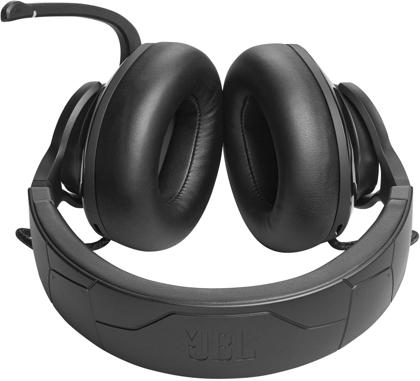 Vista superior do fone JBL Quantum 910 mostrando almofadas confortáveis e microfone articulado