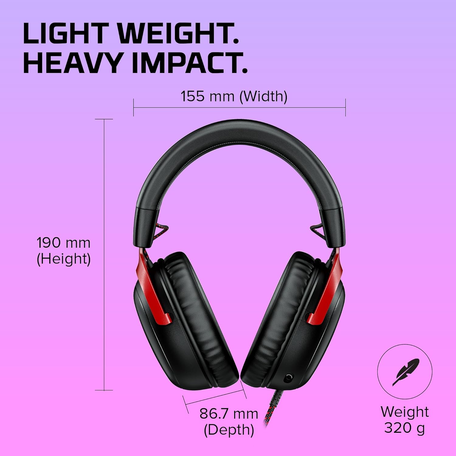 Medidas e peso do headset HyperX Cloud III, 155 mm largura, 190 mm altura, 86,7 mm profundidade, peso 320g