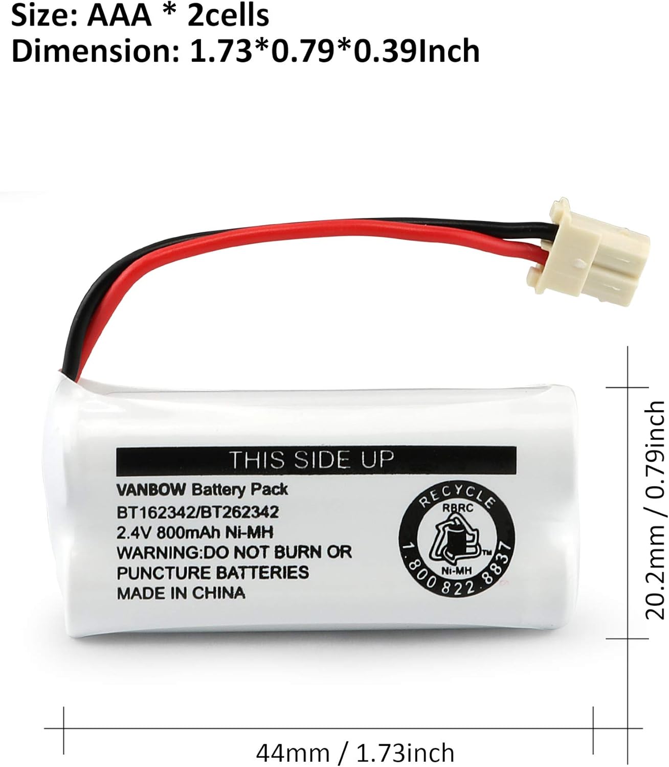 Bateria VANBOW BT162342/BT262342 tamanho AAA 2 células com dimensões detalhadas.
