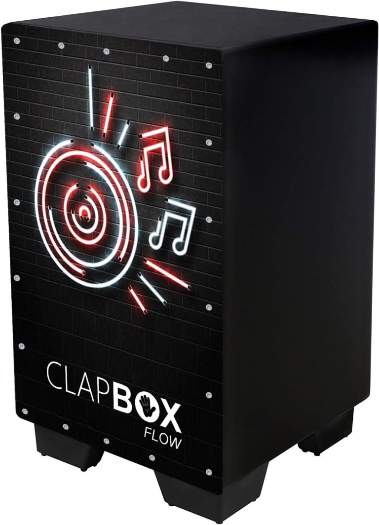 Cajon preto Clapbox Flow com design gráfico em néon vermelho e branco na frente