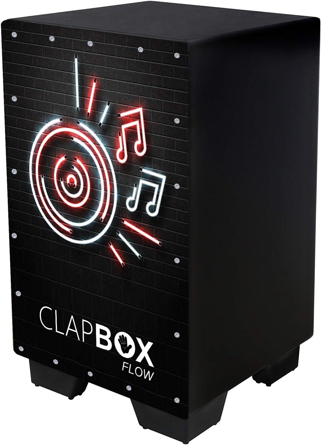 Cajon preto Clapbox Flow com design gráfico em néon vermelho e branco na frente