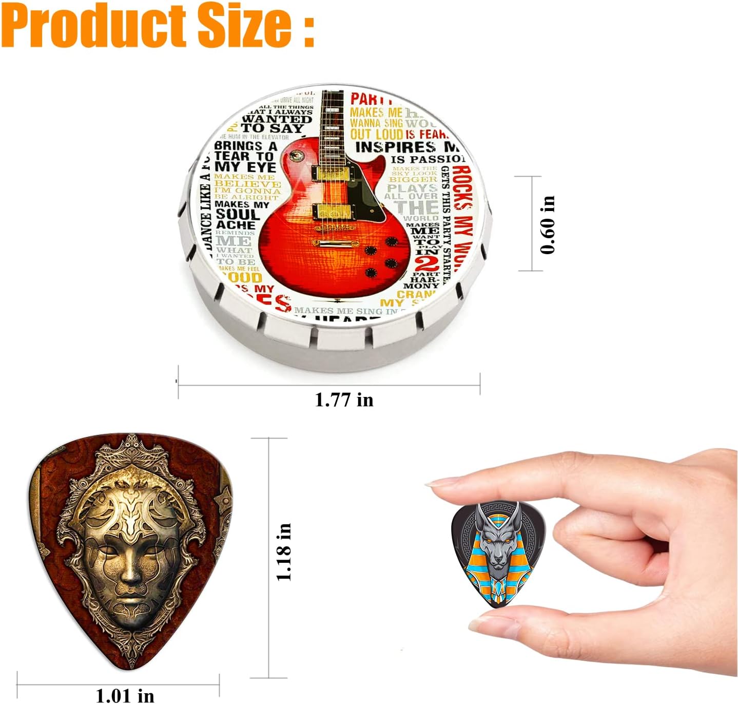 Dimensões do estojo e palhetas triangulares coloridas para guitarra, mostrando tamanho em polegadas.