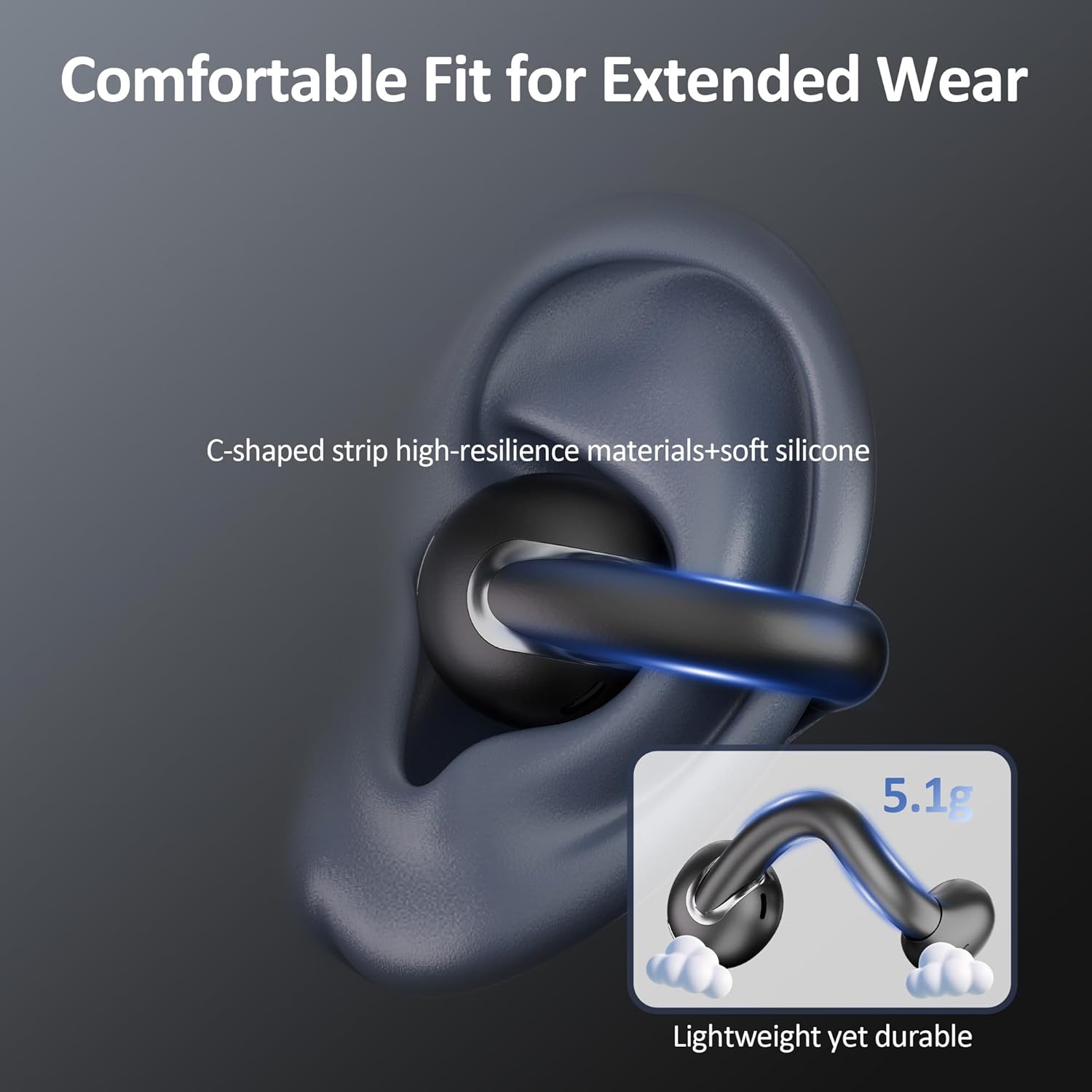 Fone IAMJOY com design ergonômico, gancho em C e silicone macio para conforto prolongado.