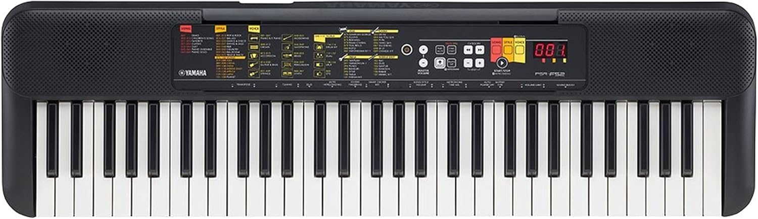 Teclado digital Yamaha PSR-F52 portátil com 61 teclas, painéis de controle e alto-falantes embutidos.