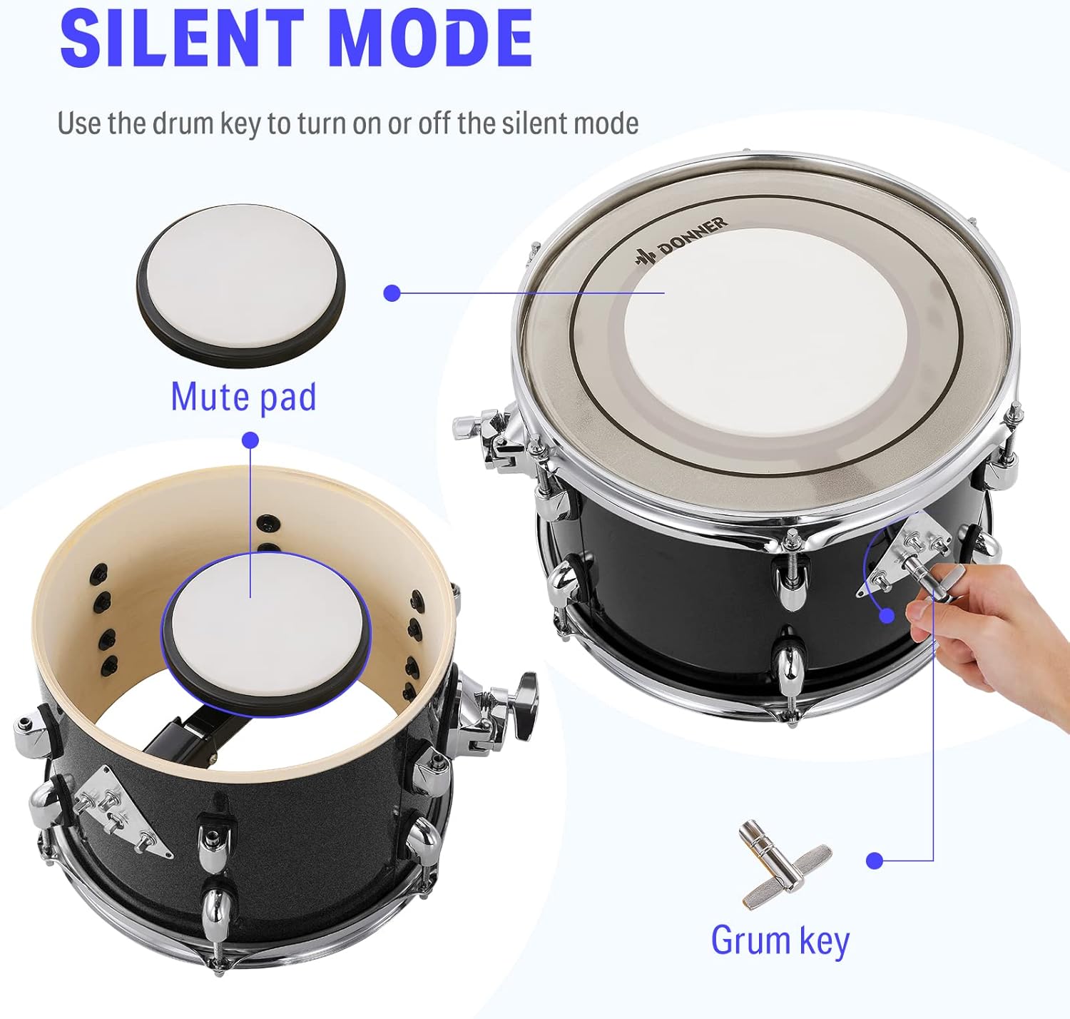 Sistema modo silencioso para bateria Donner com mute pad e chave de afinação.