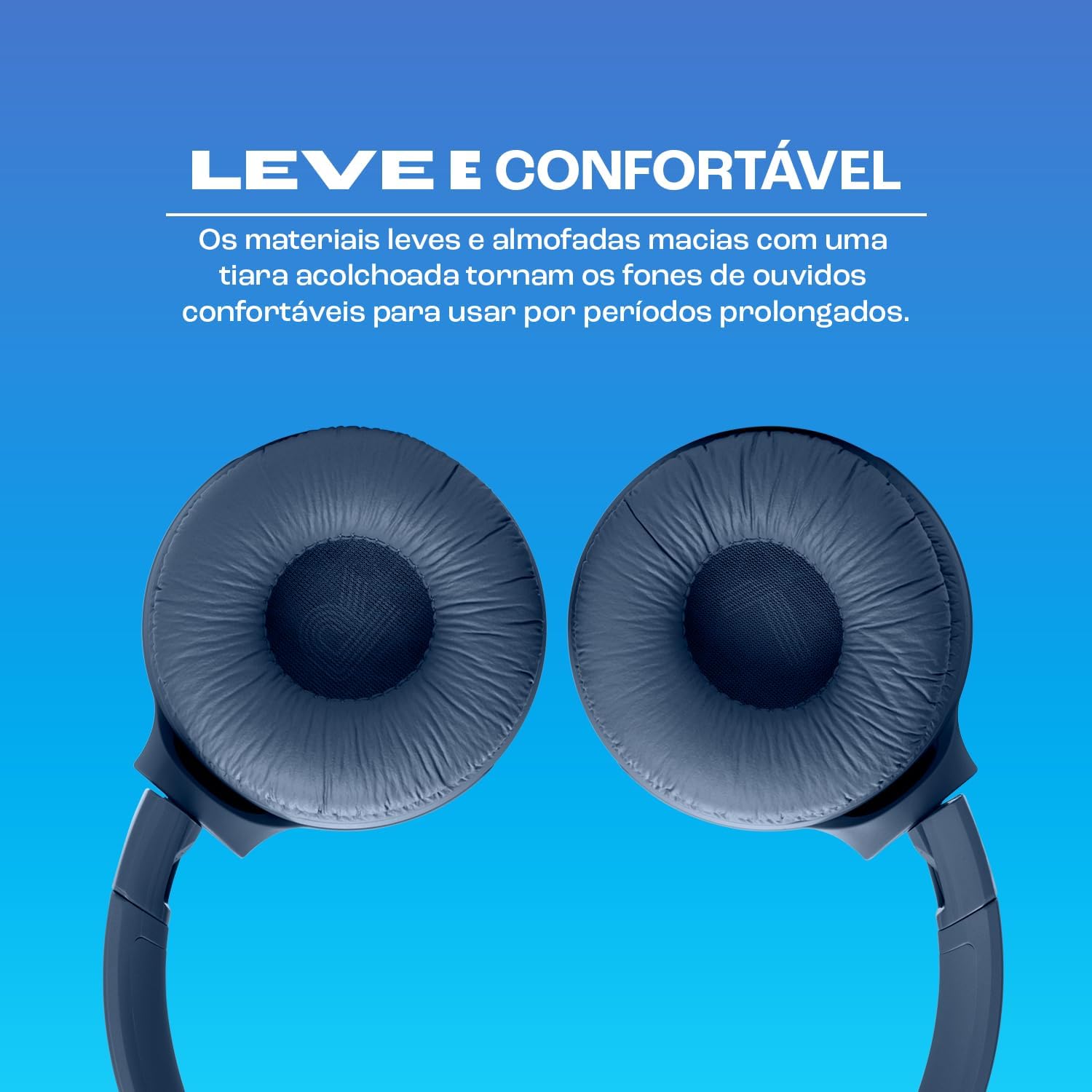 JBL Tune 520BT fone de ouvido azul com almofadas macias e conforto para uso prolongado.