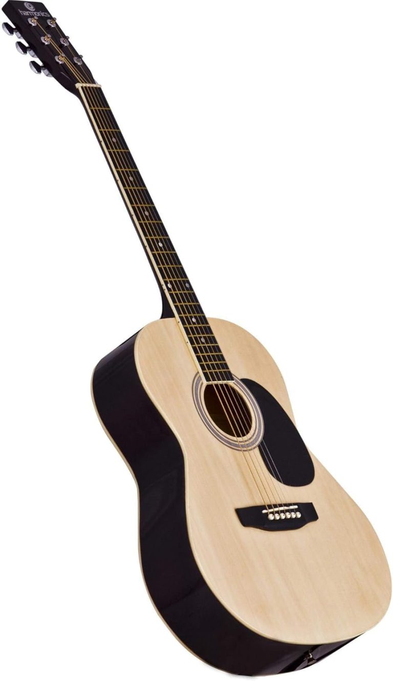 Violão acústico Harmonics GS-11 com tampo natural e laterais pretas, braço escuro e marcações nos trastes.
