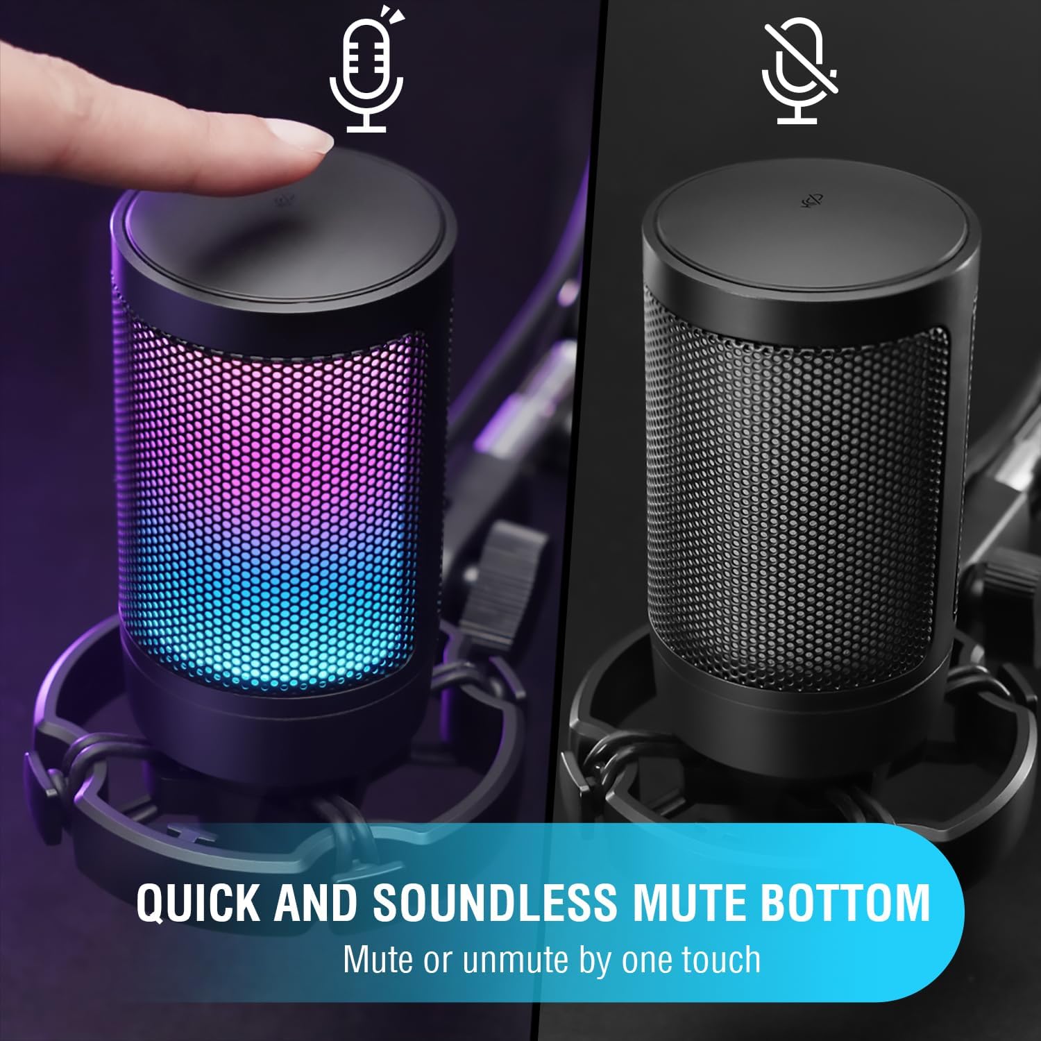 Botão de mudo rápido e silencioso no topo do microfone FIFINE A6V com indicação visual RGB ligado e mudo desligado.
