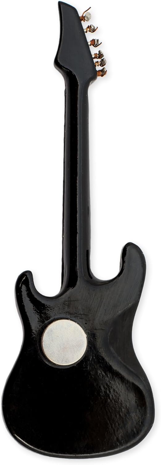 Miniatura de guitarra elétrica preta EDUPET vista traseira, acessório decorativo com imã fixador.