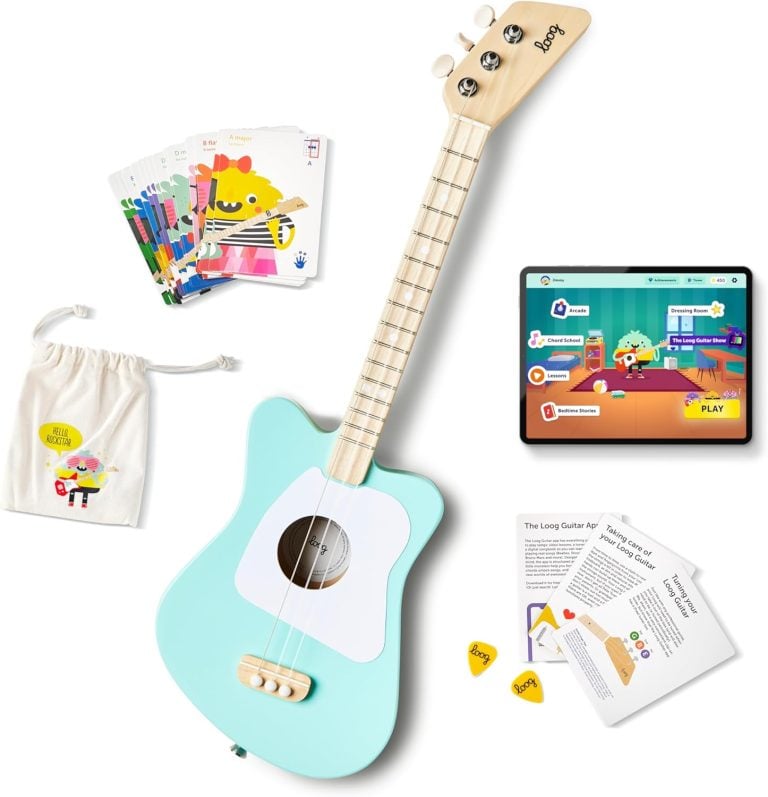 Mini guitarra infantil Loog Mini azul com 3 cordas, acessórios de aprendizagem e bolsa de transporte