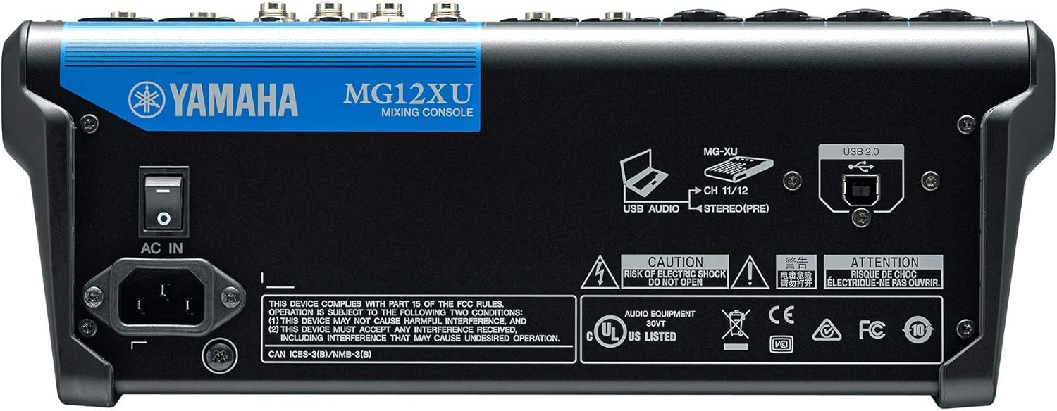 Painel traseiro da mesa de som Yamaha MG12XU com conexões USB e entradas/saídas de áudio