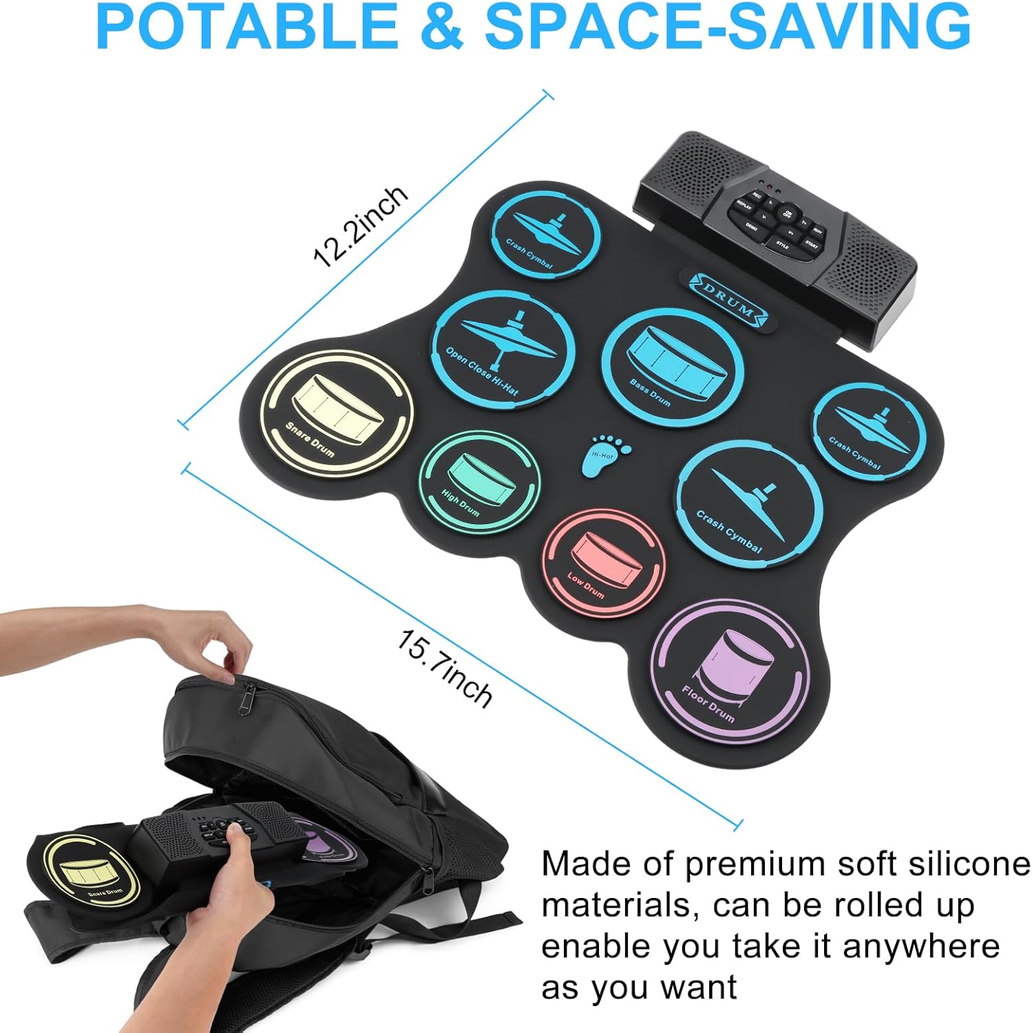 Bateria eletrônica Brigle em silicone flexível e dobrável com dimensões para fácil transporte em mochila.