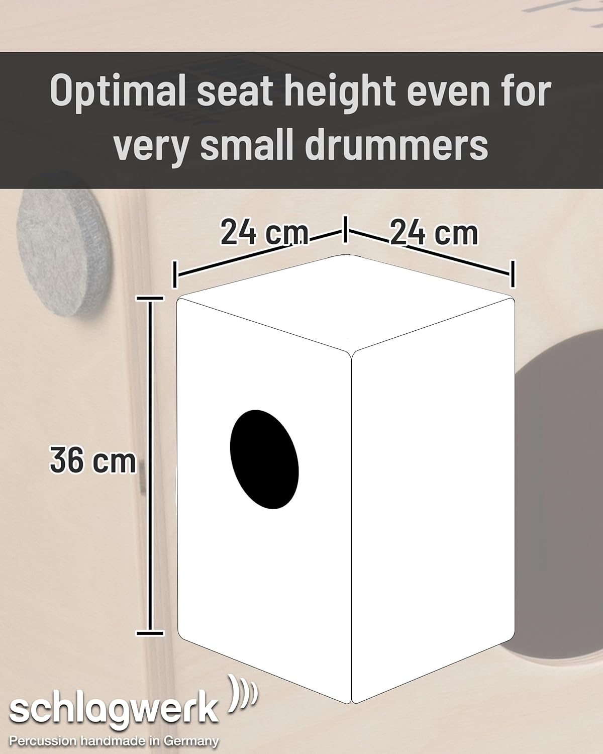 Dimensões do cajon Schlagwerk CP402 infantil com altura ideal para pequenos bateristas