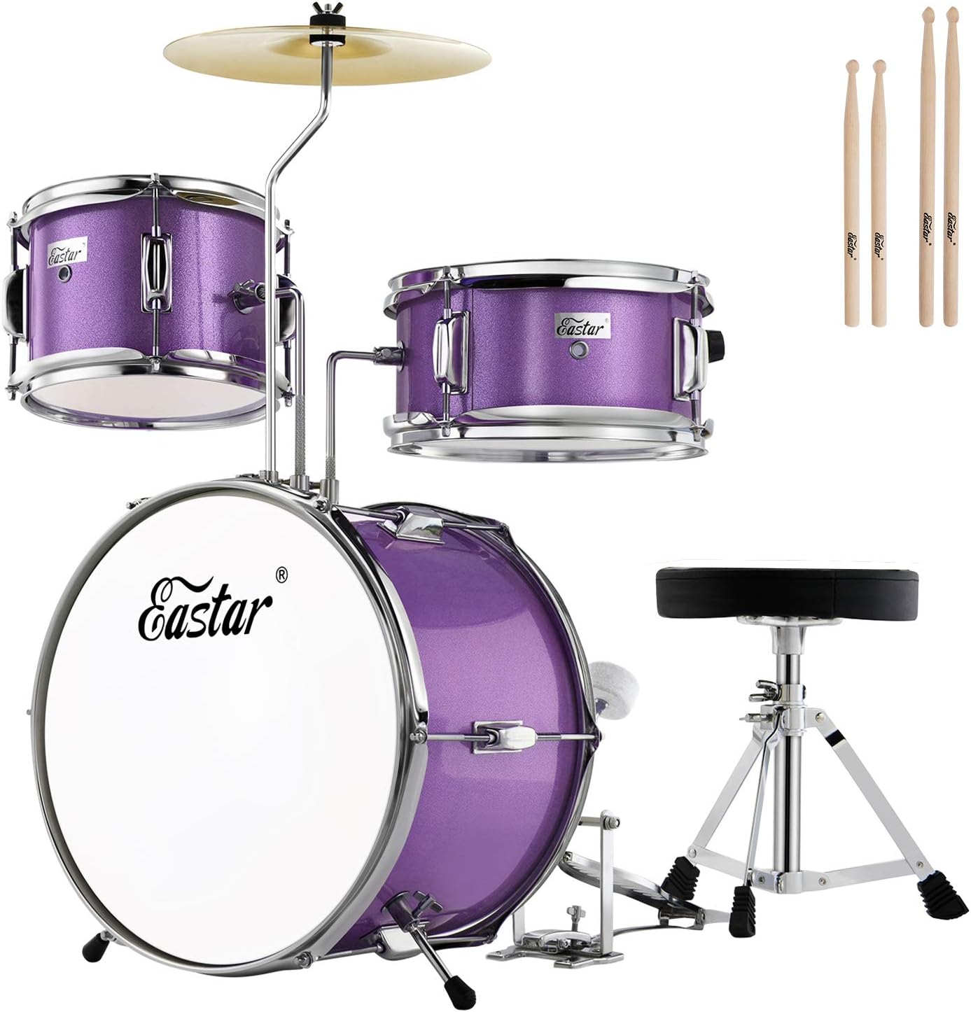 Bateria júnior acústica Eastar roxo metálico com acessórios completos e baquetas.