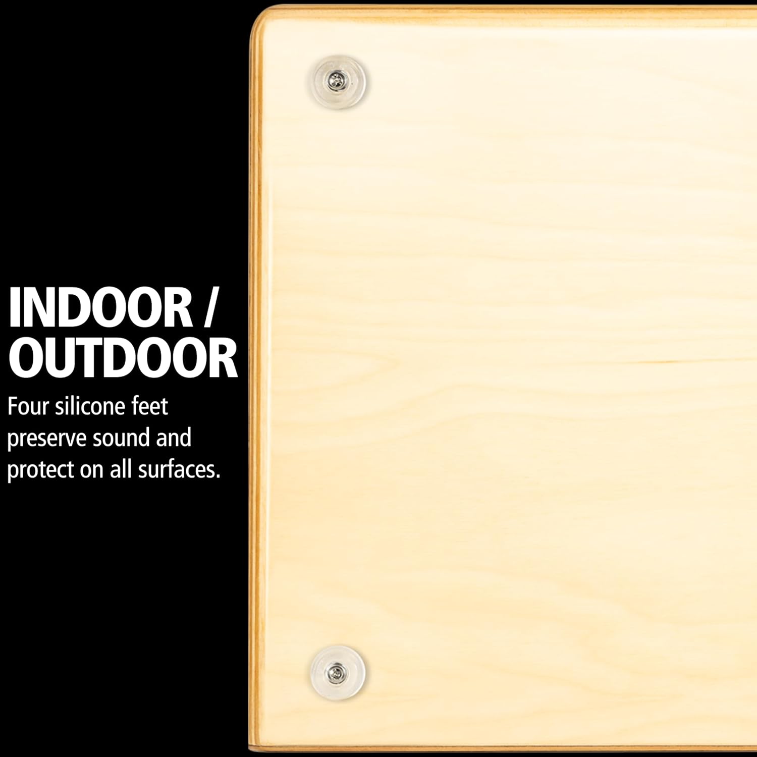 Fundo do cajon Meinl Snarecraft Professional com pés de silicone para proteção e preservação sonora.