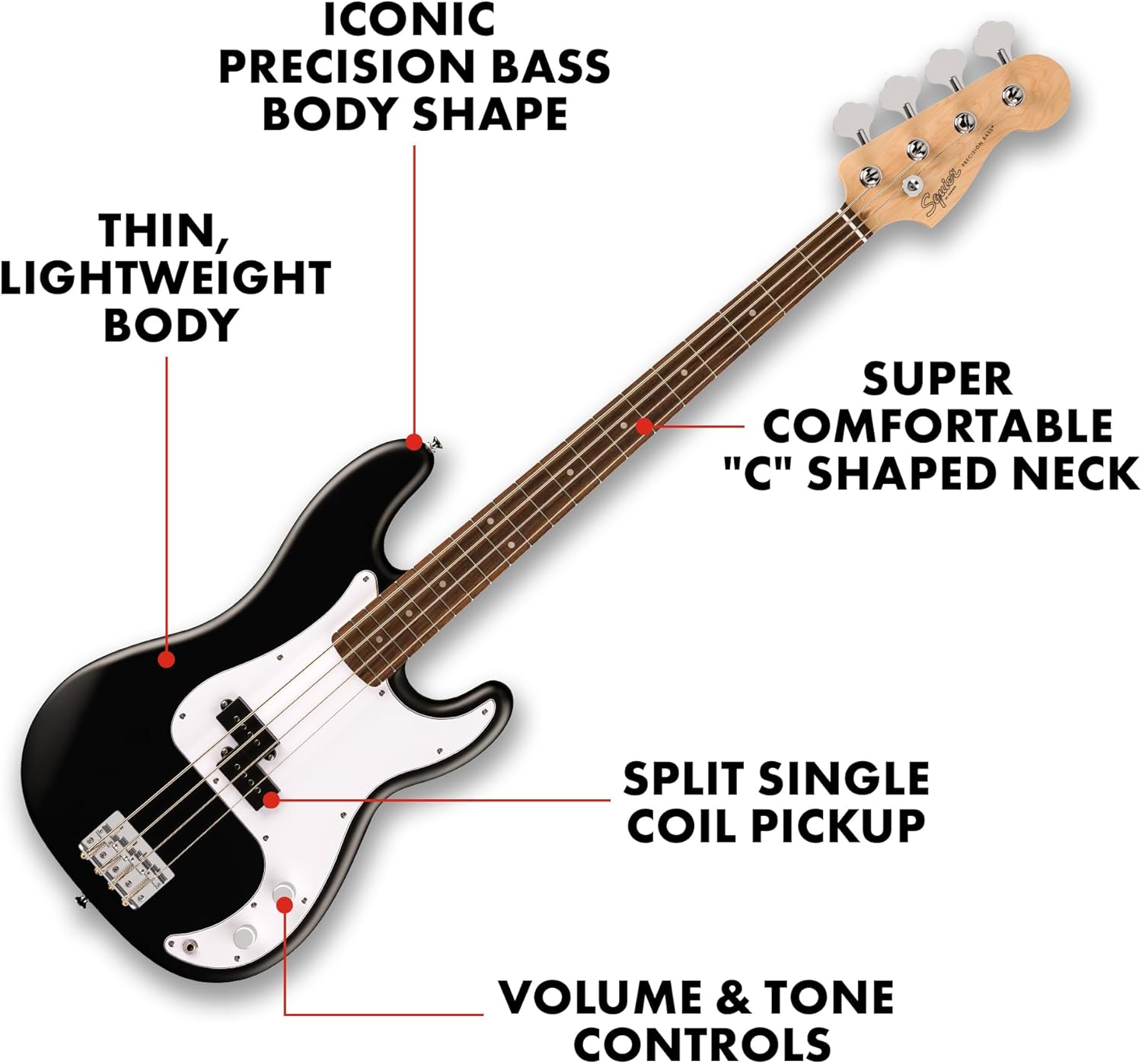 Contrabaixo Squier by Fender Precision Bass preto com atributos corpo fino leve, braço em C, captador split single coil, controles de volume e tom