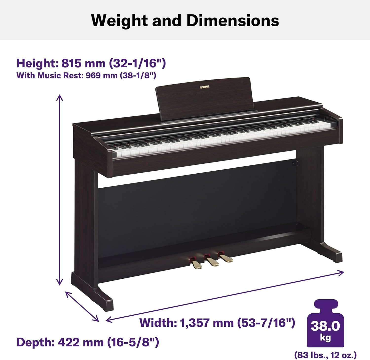 Dimensões e peso do Piano Digital Arius YDP 145 B preto Yamaha detalhado em gráfico