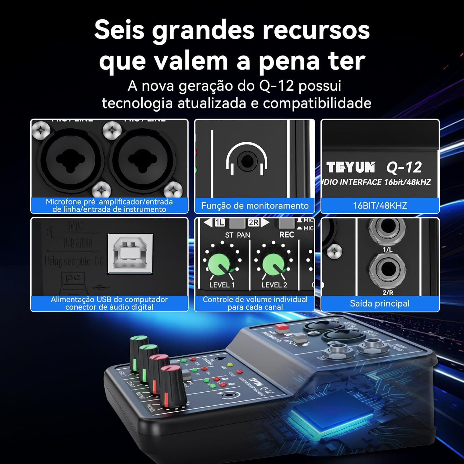 Recursos principais da placa de som GMRGB Q-12 com tecnologia atualizada e compatibilidade